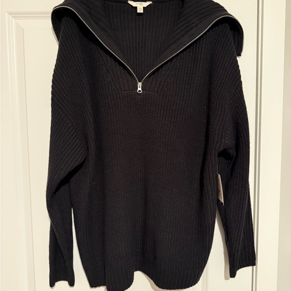 Black Ribbed Knit Sweater with Zipper